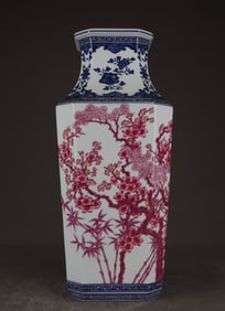 A piece of Qing Qianlong blue and white agate red year cold three friends pine, bamboo and plum