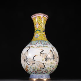 A Qing copper tire painting enamel crane pattern vase