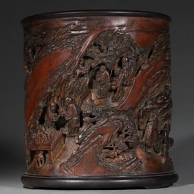 A Qing Dynasty old bamboo carved landscape figure pen holder