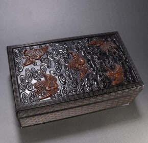 A Qing rosewood inlaid boxwood cloud crane pattern lid box