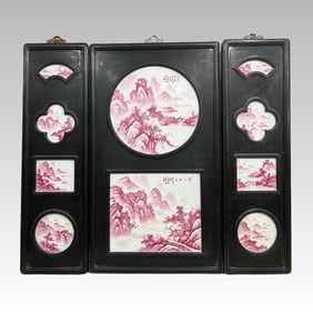 One piece of ebony frame painted ruby red landscape porcelain panel painting Three pieces of hanging