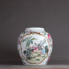 A Qing Yongzheng pastel three-fruit window opening character story jar