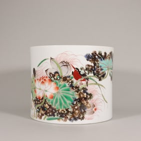 A Qing Kangxi colorful flower poetry pen holder