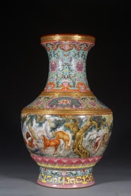 A Qing Qianlong enamel carved edge hundred horse belly bottle