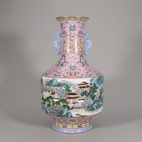 A piece of Qing Qianlong Palace powder ground treasure flower color landscape amphora