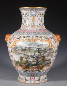A piece of Qing Qianlong lion's head entwined lotus opening window Qingming Shanghe Tu bottle