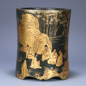 A Xinjiang Hetian jasper gold-painted "Seven Sages of the Bamboo Forest" pen holder