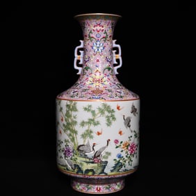 A Qing Qianlong pastel bamboo crane pattern amphora
