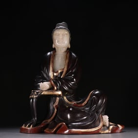 A Qing Zitan inlaid Shoushan stone scroll Guanyin statue