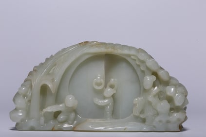 A Qing Dynasty Hetian white jade carved courtyard character story ornament