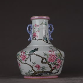 A Qing Yongzheng pastel flower and bird amphora