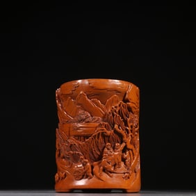A Qing boxwood landscape figure pen holder