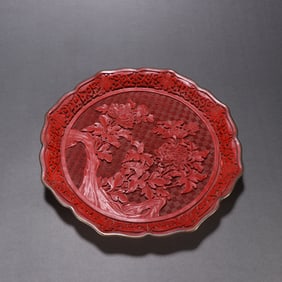 A piece of Qing Dynasty copper tire carved red carved flower pattern sunflower mouth plate