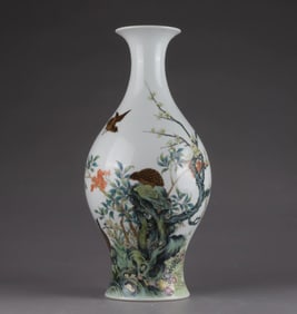 A Qing Yongzheng pastel flower and bird poetry olive vase