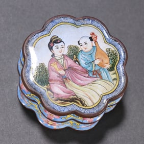 A Qing copper tire painting enamel character story cover box