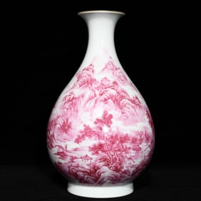 A Qing Yongzheng agate red mountain water pattern jade pot spring vase