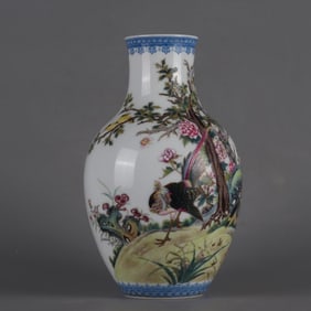 A Qing Yongzheng enamel flower and bird poetry vase