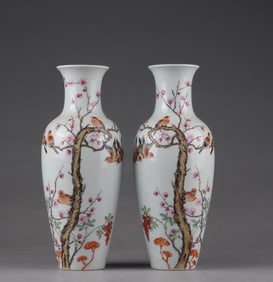 A pair of Qing Qianlong pastel magpie plum poetry vases