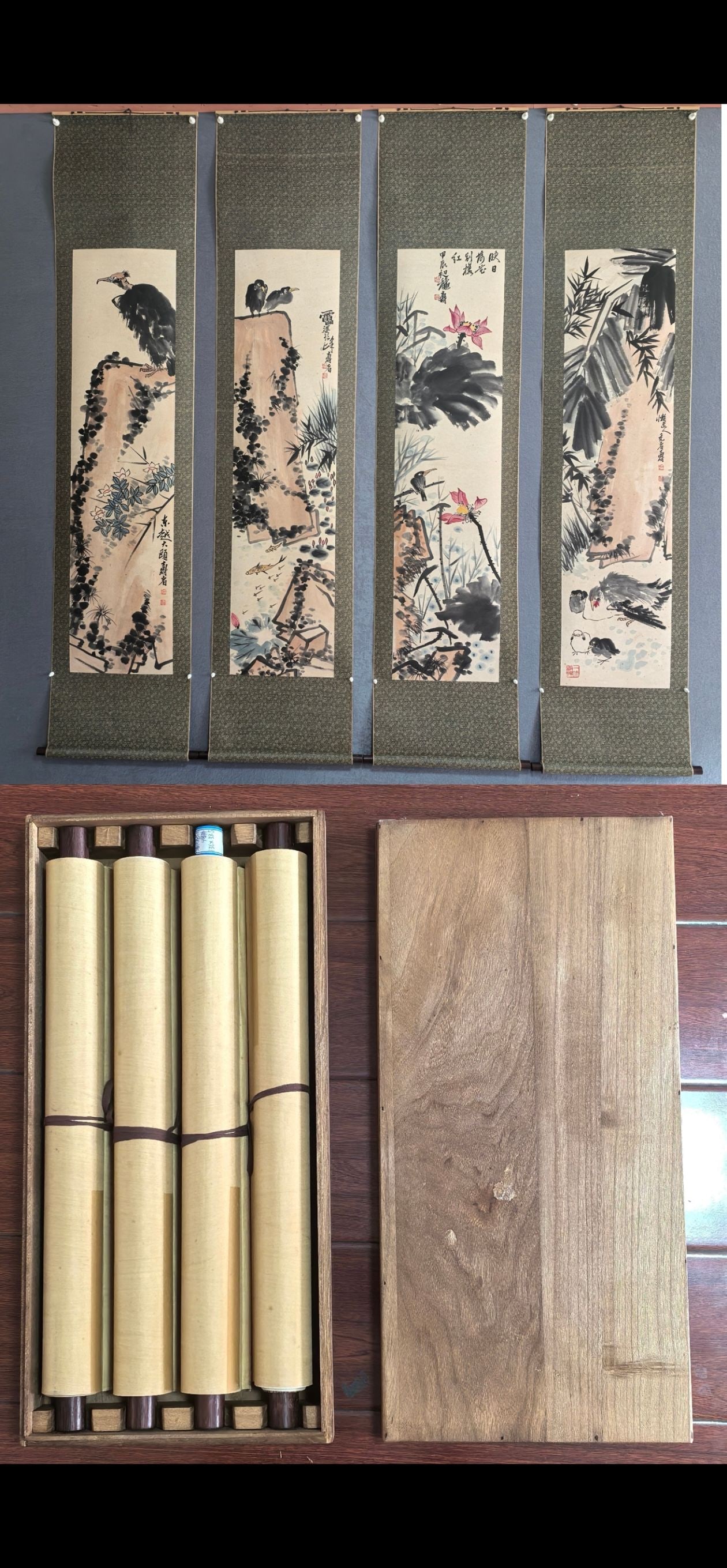 A picture of Pan Tianshou's flowers and birds on four screens: Pan Tianshou's flower and bird picture four screens SIZE: 136×33.5cm ×4 (The Dimensions Of All Batches Are Manually Measured.If You Need More Detailed Information, Please Contact Our Customer Servic