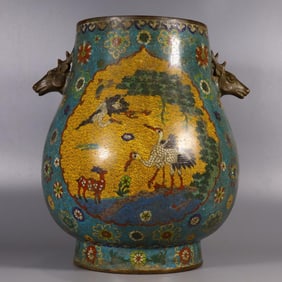 A piece of Qing Dynasty Qianlong cloisonné enamel curly grass flower consecrated crane deer and