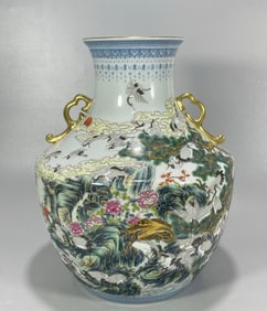 A piece of the Qing Dynasty Yongzheng year emerald-edged pastel hundred cranes with gold painting