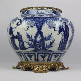 A Yuan blue and white figure inlaid with copper-rimmed jar