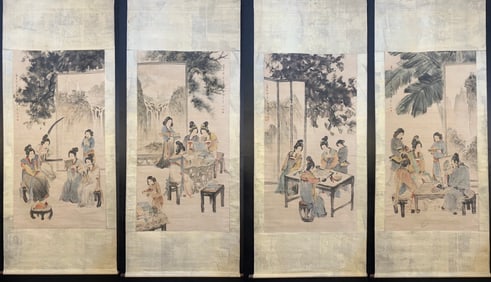 A picture of Fu Baoshi's piano, chess, calligraphy and painting characters four screens