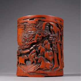 A bamboo carved Panasonic figure pen holder