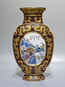 A piece of Qianlong made pastel bronze glaze carved Kuilong pattern gold consecrated landscape