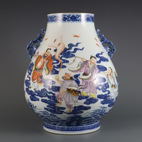A piece of Qing Qianlong year blue and white plus pastel Eight Immortals crossing the sea Ruyi ear