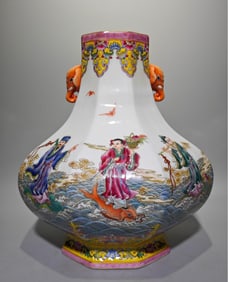 A piece of Qianlong year of the Qing Dynasty pastel yellow earth Eight Immortals each show magical