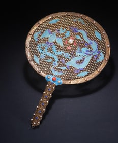 A Qing Dynasty court silver-gilt filigree dotted emerald coral pearl gemstone fan