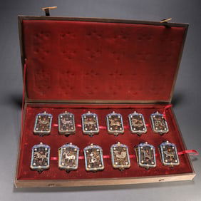 A set of Qing Dynasty silver gilt burnt blue zodiac sachets