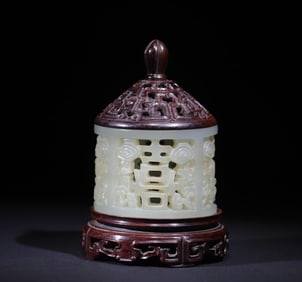 A Qing Dynasty blue and white jade carved happy character pattern incense tube study elegant vessel