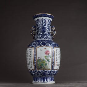 A Qing Qianlong blue and white gold-painted window-opening flower poetry amphora
