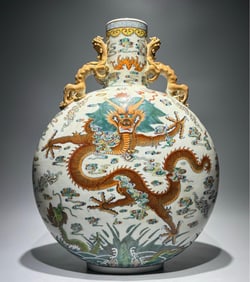 A Qing Qianlong model Doucai Canglong godson double dragon ear holding moon bottle