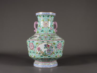A Qing Dynasty Qianlong pastel gold-painted window open-window floral amphora