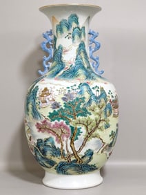 A Qing Qianlong pastel landscape amphora