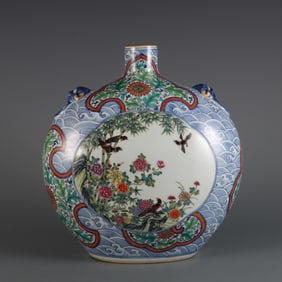 A blue and white with pastel window flowers and bird pattern animal ear flat bottle made in the