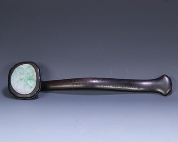 A Qing Dynasty imperial rosewood inlaid jade character story poetry ruyi ornament