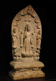 A Tang bluestone painted Guanyin backrest