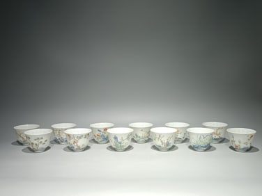 A set of Qing Kangxi blue and white colorful twelve flower god cups