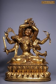 A bronze gilt eight-armed Guanyin seated statue of the Ming Dynasty "Daming Yongle Year Shi"
