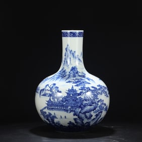A Qing Dynasty Yongzheng blue and white landscape attic large sky ball vase