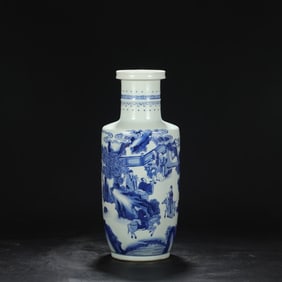 A Qing Dynasty Kangxi blue and white birthday picture stick hanging bottle