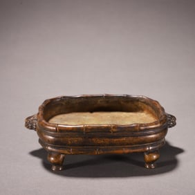 A piece of Liu Gengtang style copper tire bamboo pattern double lion ear incense burner