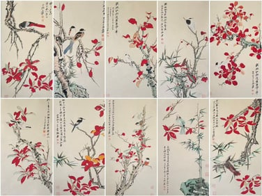 Ten pictures of Zhang Daqian's red leaves and birds