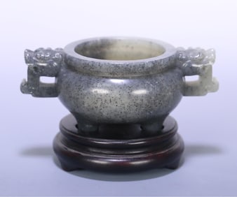 A piece of Qing Dynasty desktop boutique Hetian jade blue and white seed material double dragon ear