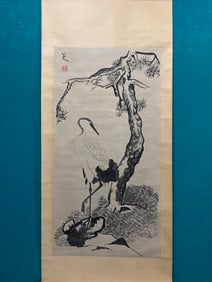 A piece of Qing Dynasty Eight Great Mountain People "Pine and Crane Picture"