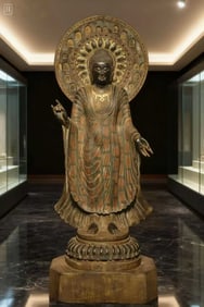 A Tang Dynasty bluestone painted large station Buddha